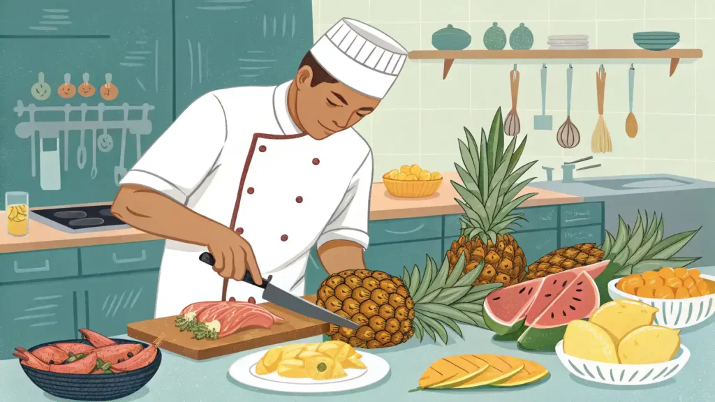 A chef demonstrating pro tips for making Hawaiian recipes.