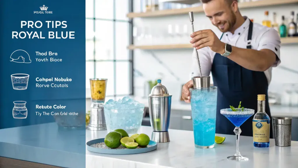 Pro tips for making the Royal Blue Cocktail displayed in a kitchen setting.