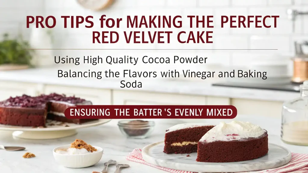Pro tips for making red velvet cake displayed on a blurred kitchen background.
