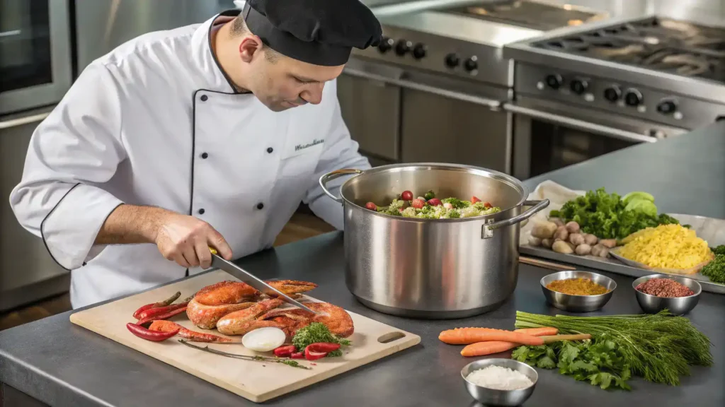 A chef preparing seafood boil sauce in a kitchen.