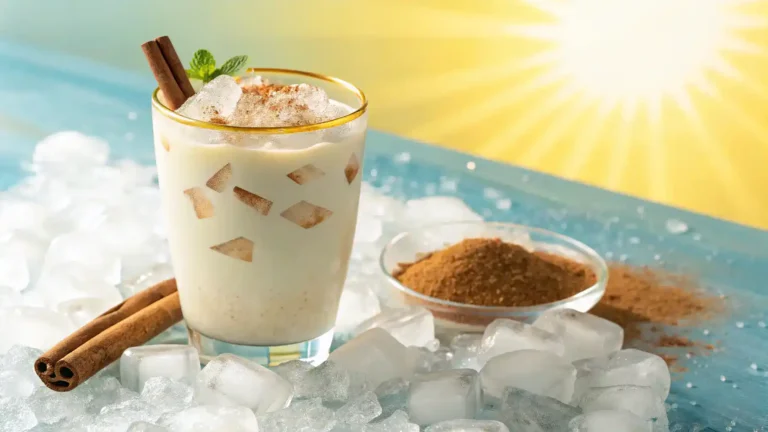 A refreshing glass of horchata served over ice with a sprinkle of cinnamon.