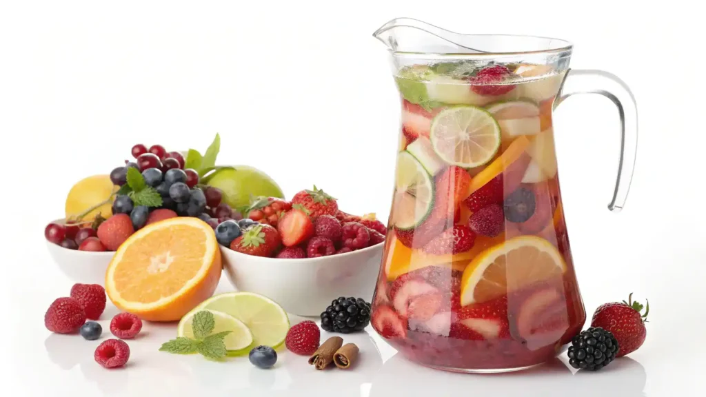 A pitcher of homemade House Wine filled with fresh fruits and sparkling water.