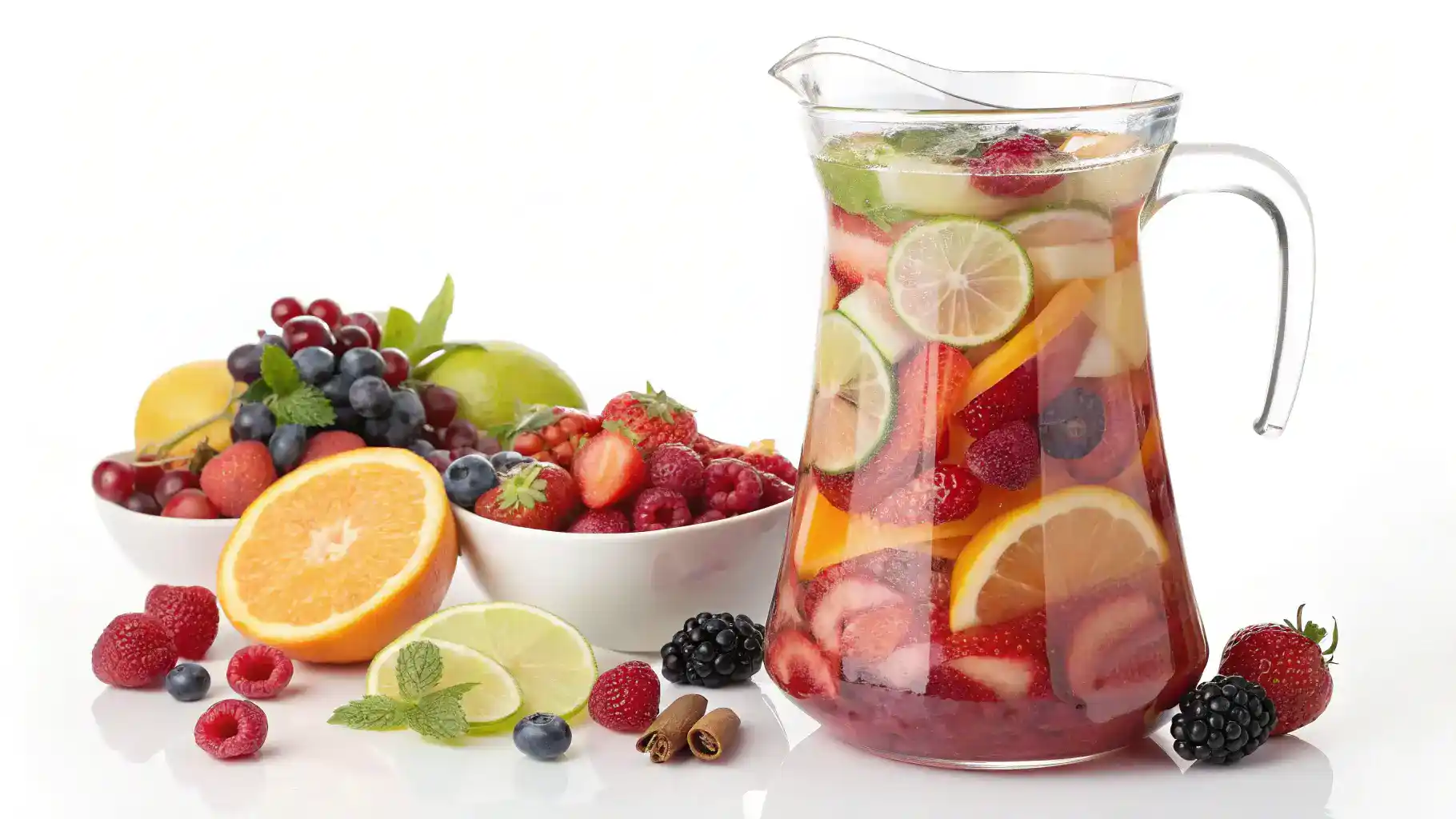 A pitcher of homemade House Wine filled with fresh fruits and sparkling water.