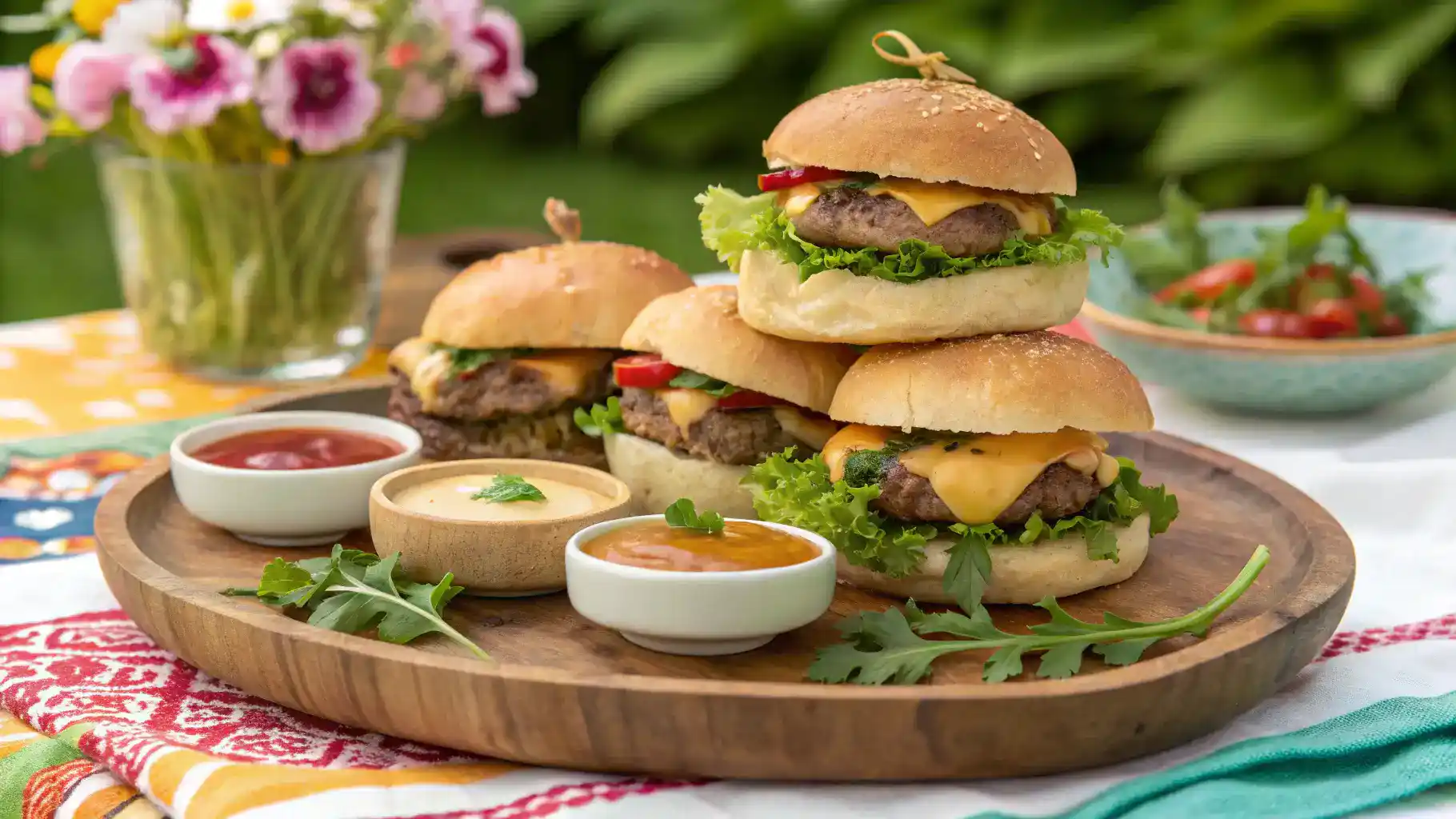 A plate of delicious savvy sliders served with dipping sauces in an outdoor setting.