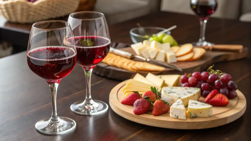 House Wine served in elegant glasses with fruit and cheese.