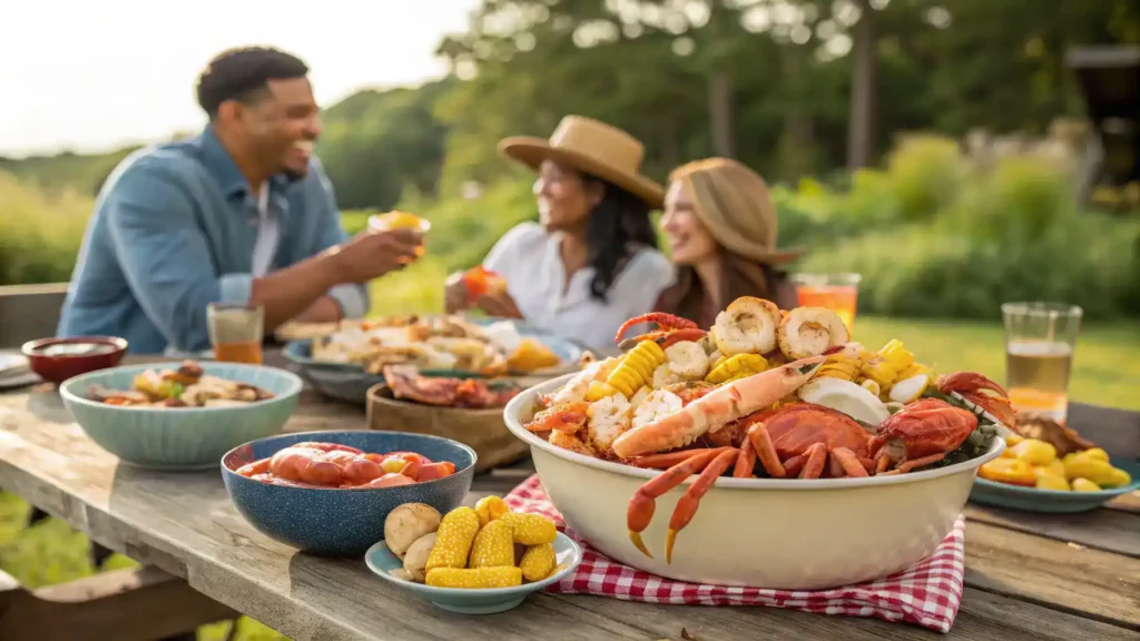 A seafood boil served with seafood boil sauce.