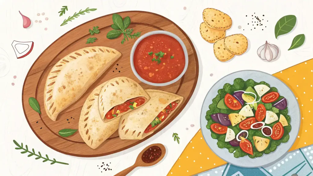 Calzone served with marinara sauce, salad, and garlic knots.