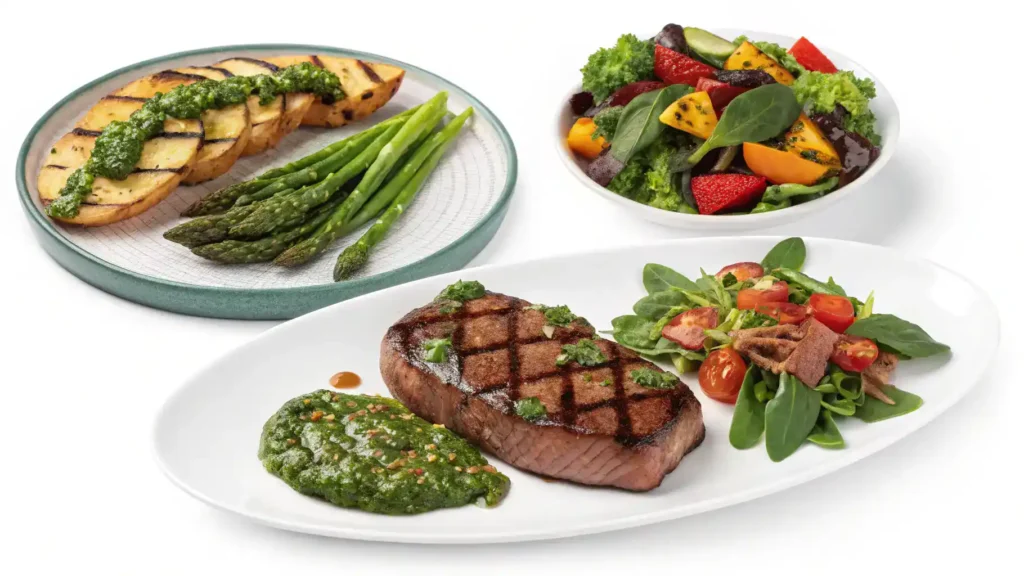 Serving suggestions for Riverbend Ranch steaks including chimichurri sauce and grilled vegetables.