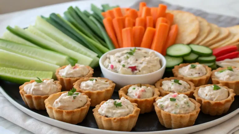 Serving suggestions for Smoked Trout Dip including baguette slices and vegetable sticks.