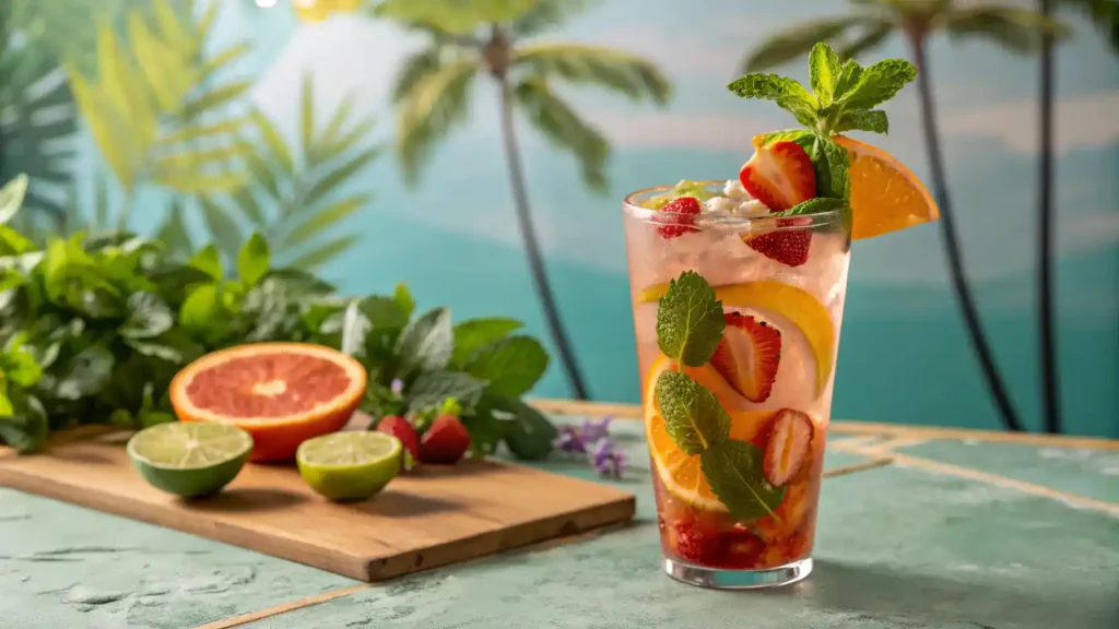 A refreshing Siren of the Tropics drink garnished with fruit and mint.