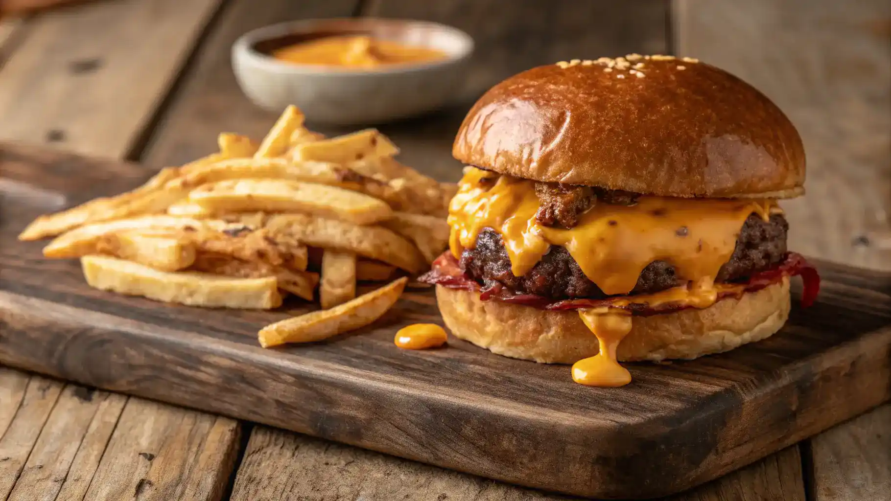 A delicious smash burger with sauce and fries on a wooden table.