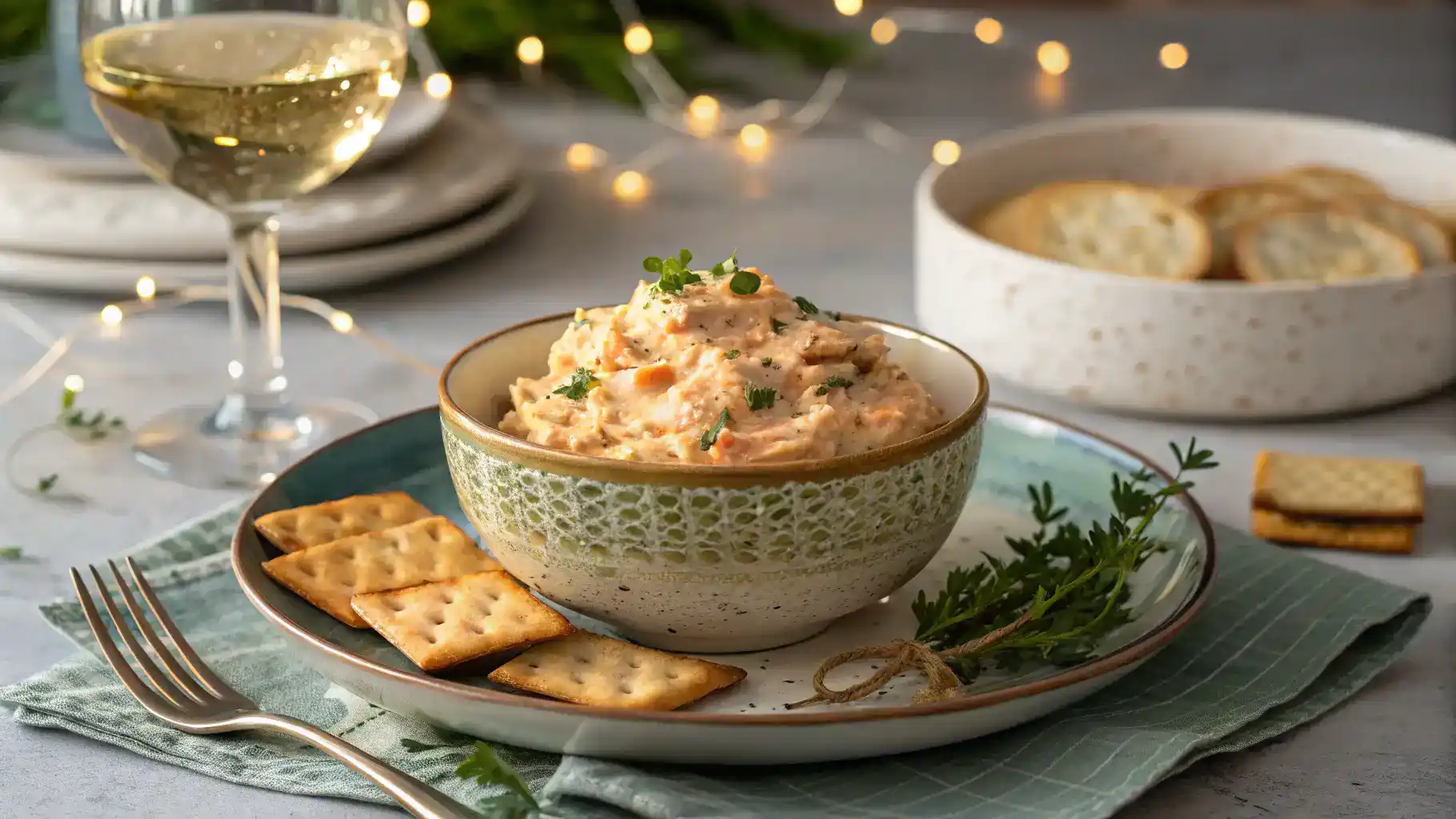 A serving of Smoked Trout Dip with crackers and a glass of white wine on a dining table.