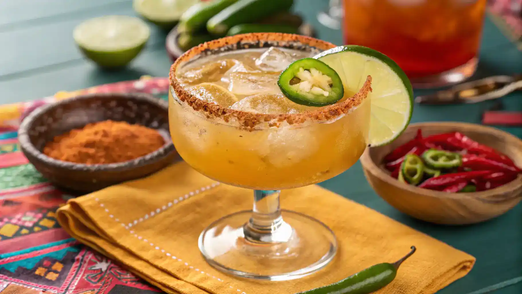 A beautifully garnished Spicy Tamarind Margarita in a glass.