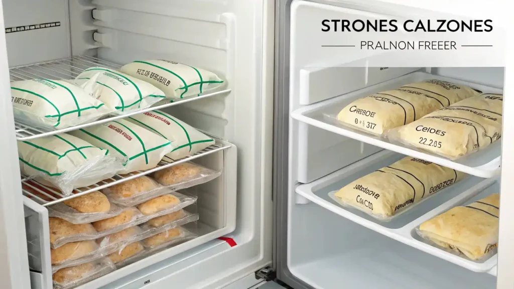 Calzones being stored in a refrigerator and freezer.