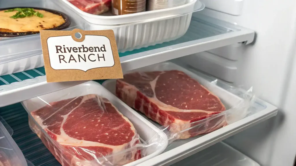 Proper storage methods for leftover Riverbend Ranch steaks in a refrigerator.