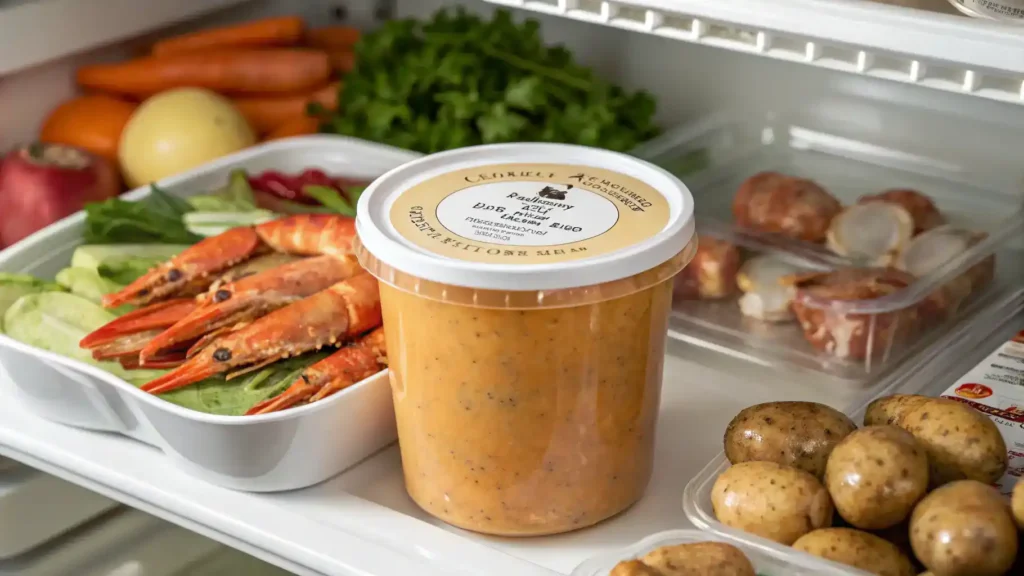 Seafood boil sauce stored in an airtight container.