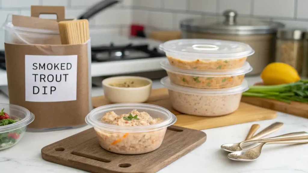 Proper storage methods for Smoked Trout Dip in airtight containers.