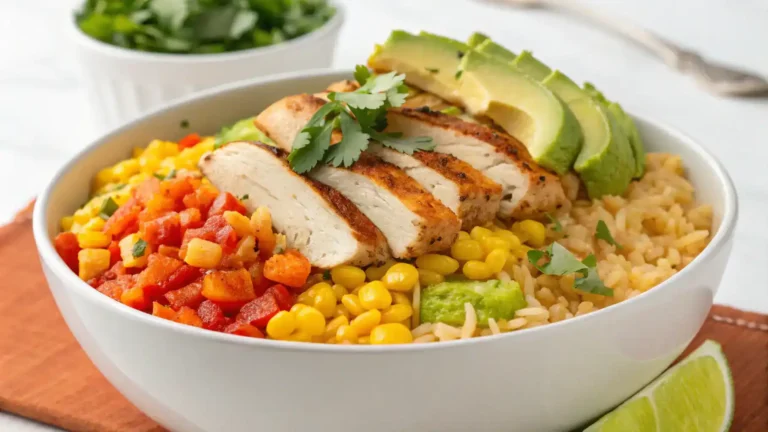 A beautifully presented Street Corn Chicken Rice Bowl with colorful layers of rice, chicken, and street corn.