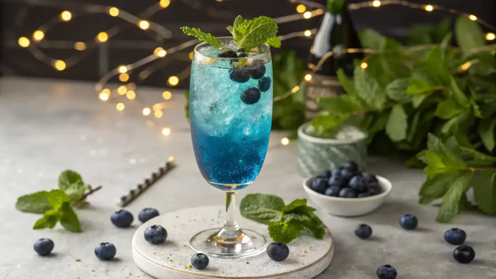 A beautifully garnished Royal Blue Cocktail served in a tall glass.