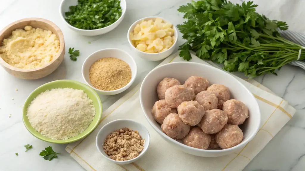 Ingredients for Amylu chicken meatballs displayed on a kitchen counter.