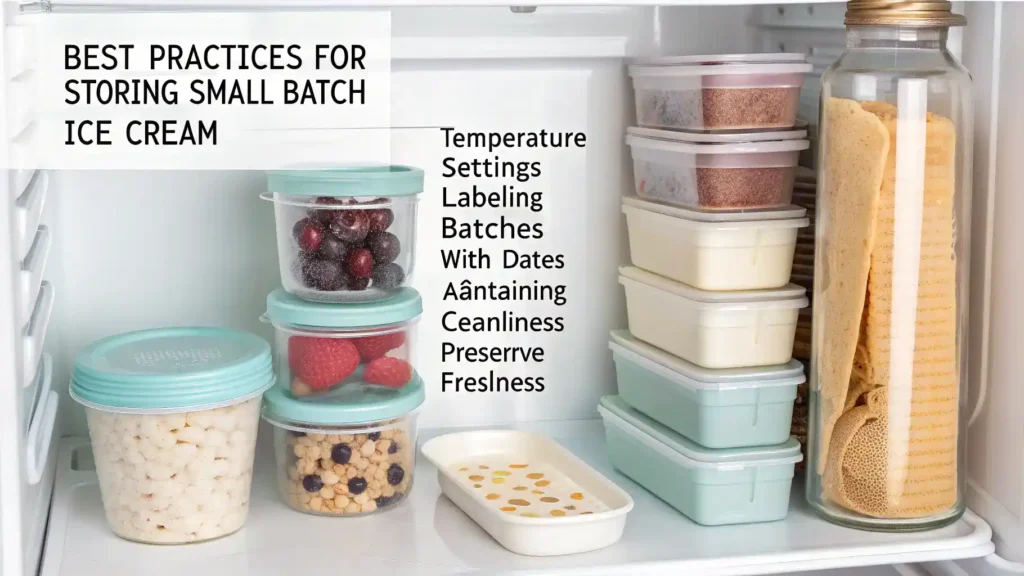 Best practices for storing small batch ice cream, including airtight containers and labeling.