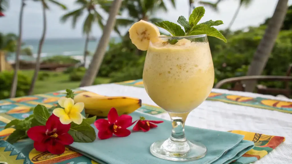 A vibrant Banana Daiquiri mocktail being blended with fresh ingredients.