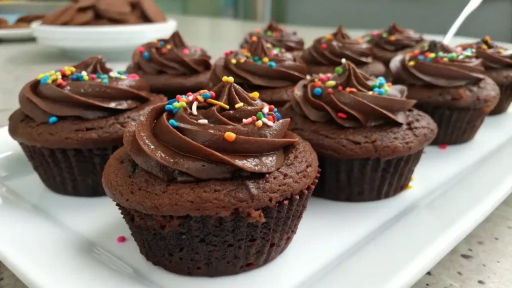 Delicious Brownie Cupcakes topped with chocolate frosting and colorful sprinkles.