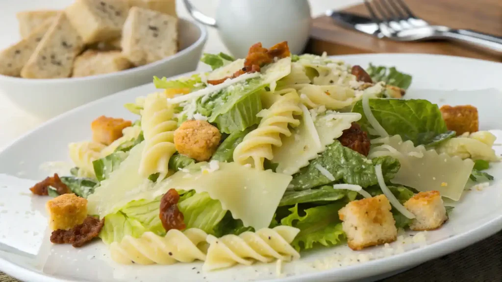 A beautifully plated Caesar Pasta Salad with vibrant colors and textures.