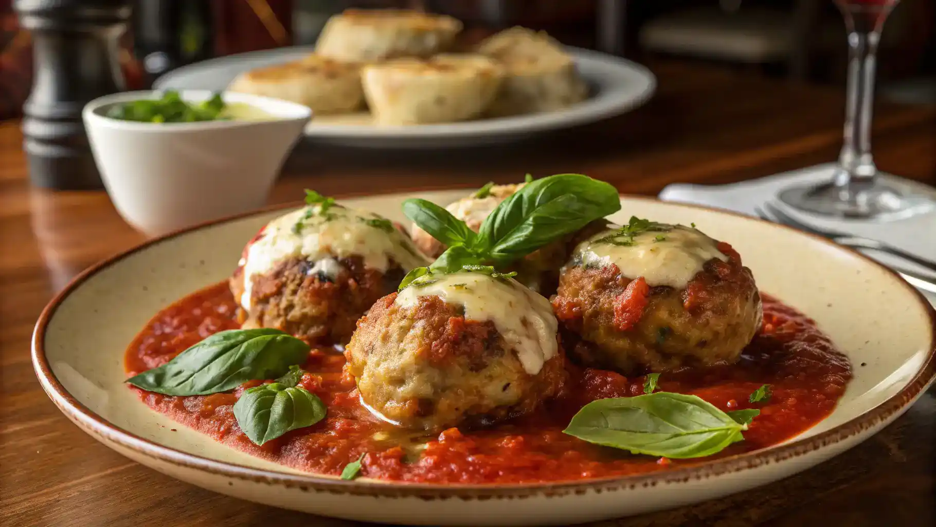 Delicious cheesy meatballs served with marinara sauce and garnished with basil.
