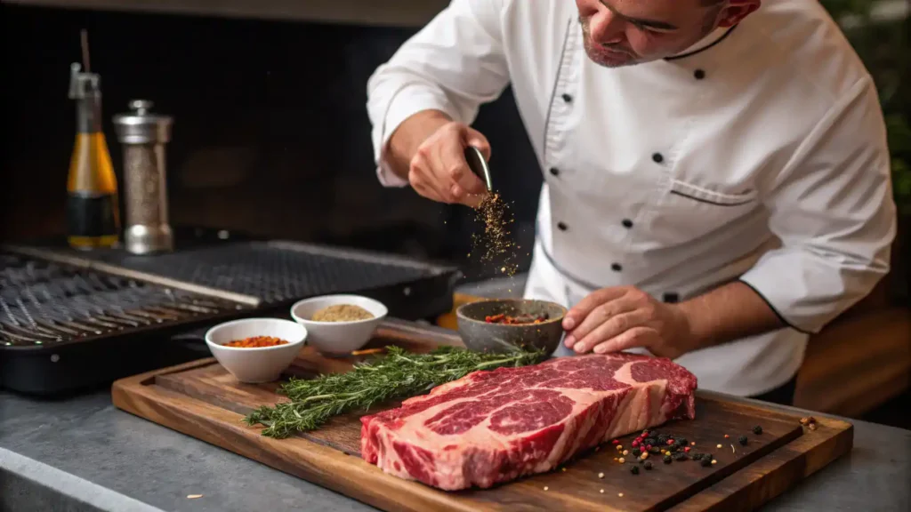 A chef seasoning a Coulotte Steak with spices, preparing it for grilling.