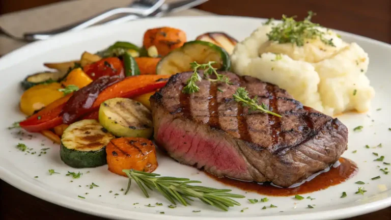 A beautifully plated Coulotte Steak with roasted vegetables and mashed potatoes.