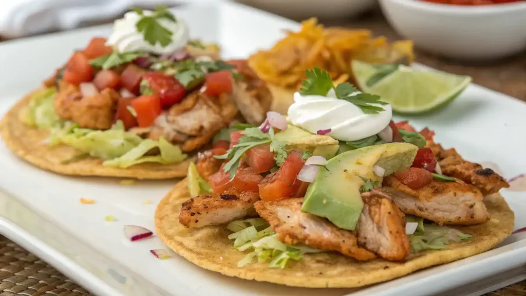 A plate of Chicken Tostadas garnished with fresh ingredients.
