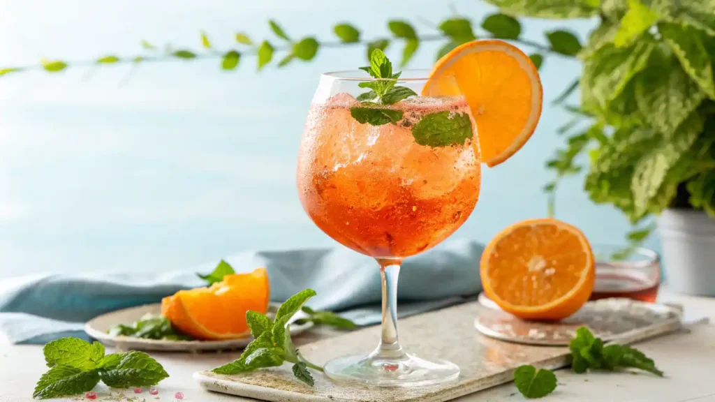 A finished Aperol mocktail served in a beautiful glass, garnished with an orange slice and mint leaves.
