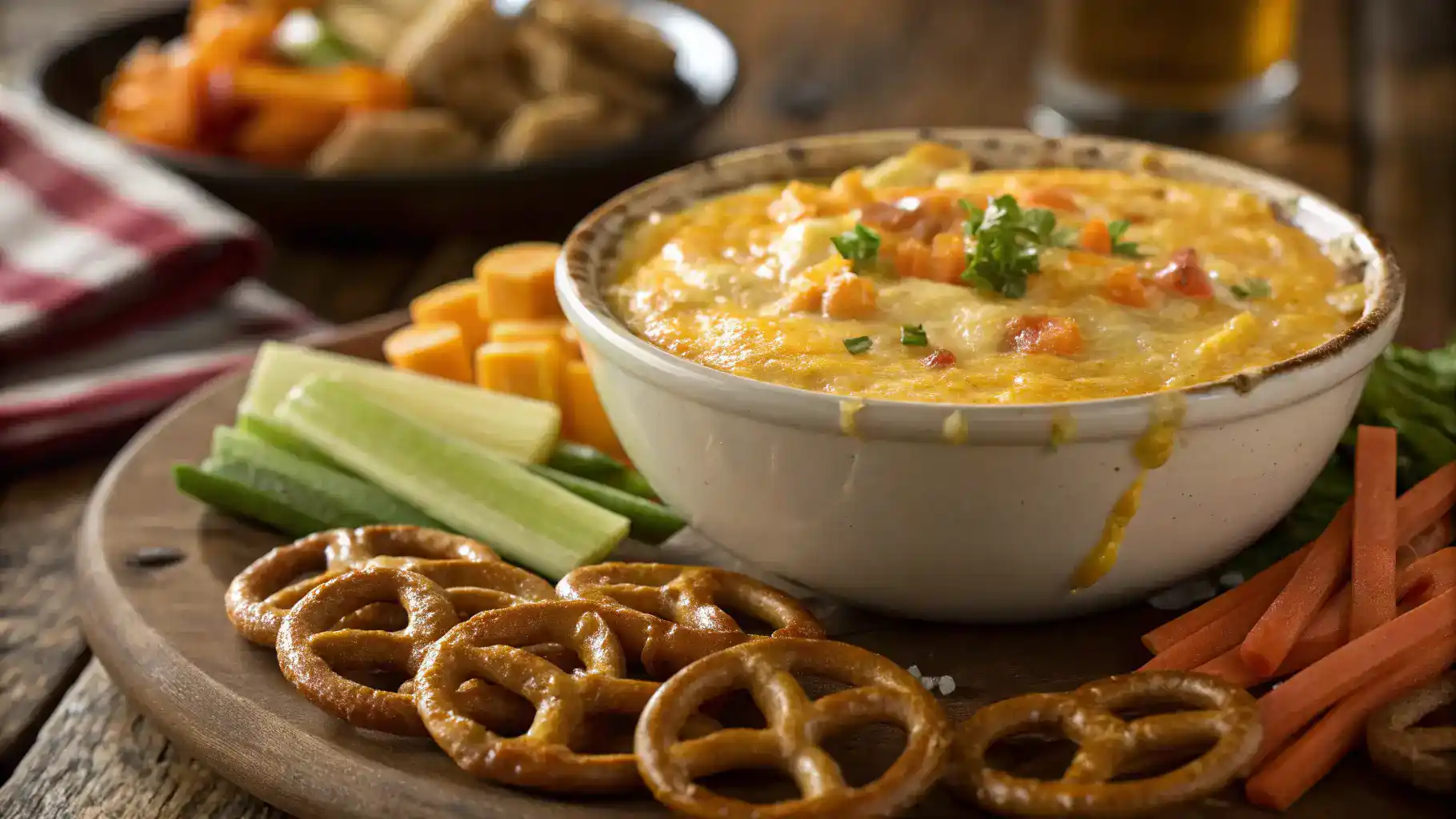 A bowl of creamy beer cheese dip served with pretzels and fresh veggies.