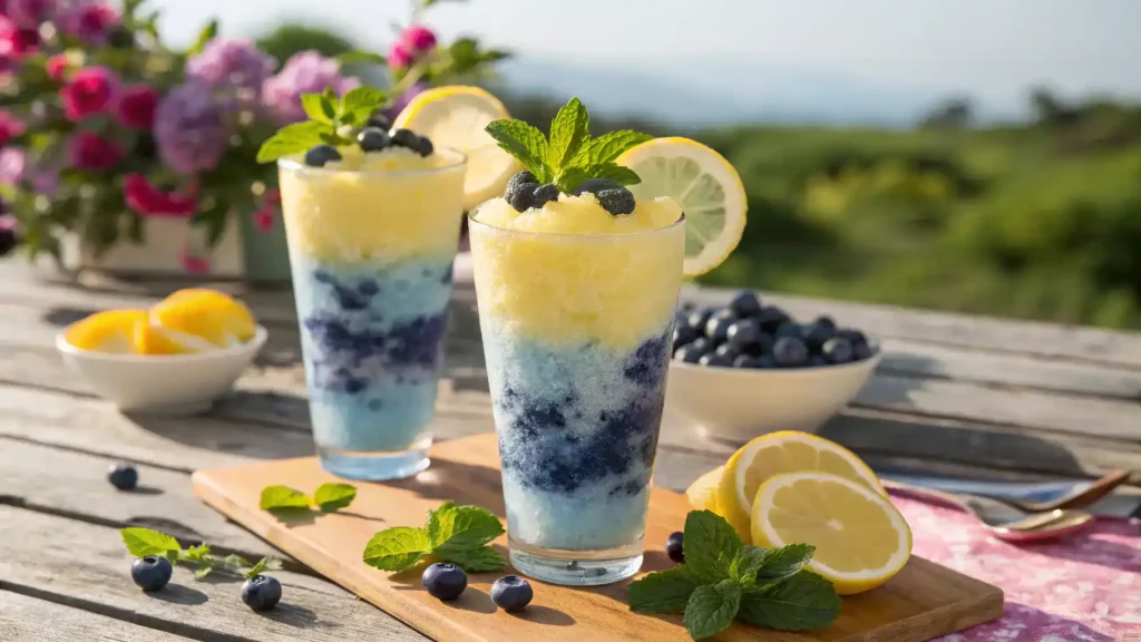 Finished Blueberry Lemon Drop Slushies served in tall glasses with garnishes.