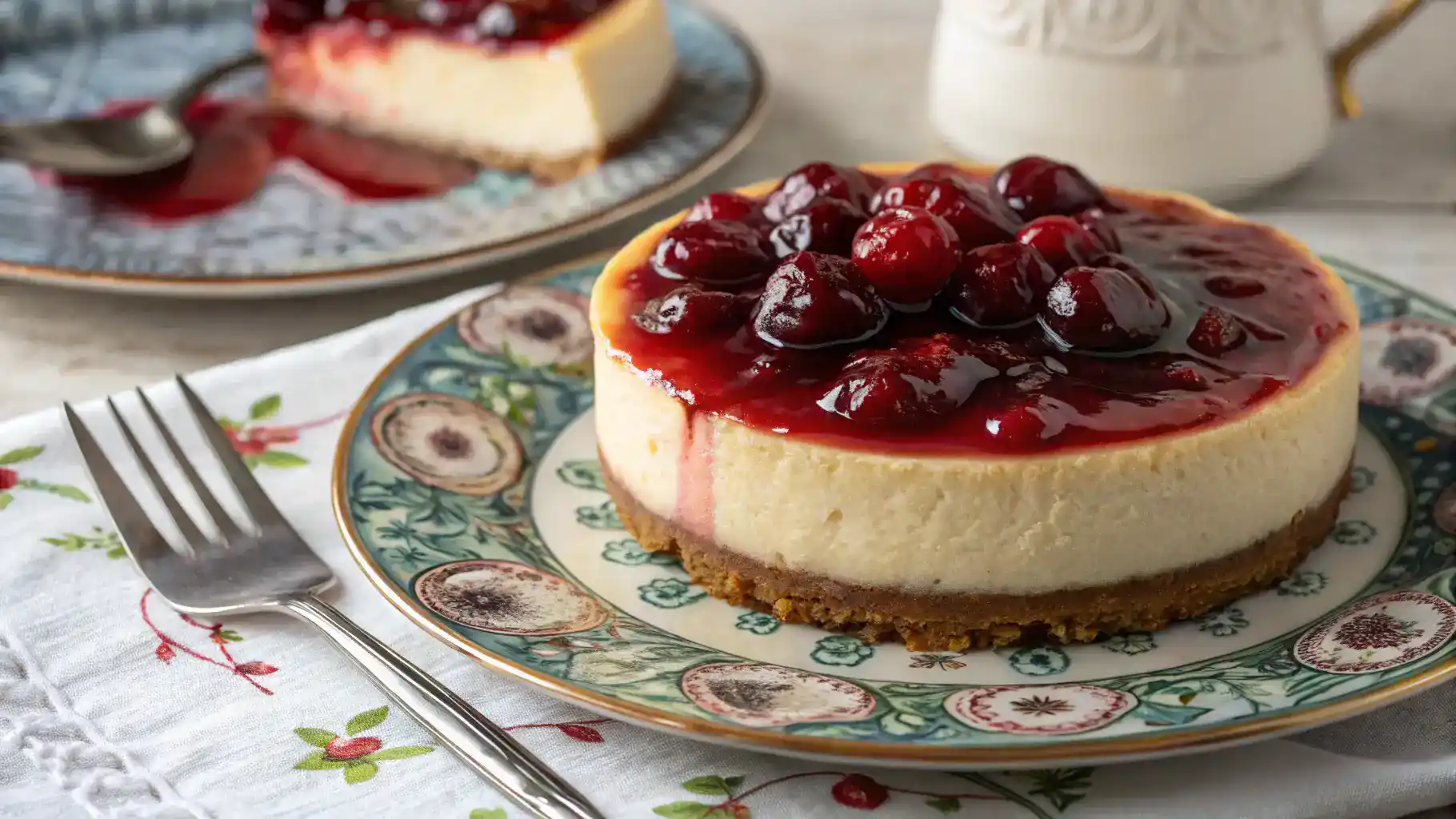 A beautifully presented Cherry Cheesecake topped with cherry pie filling.