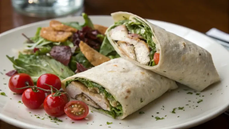 A delicious Chicken Caesar Wrap served on a plate with a side salad.