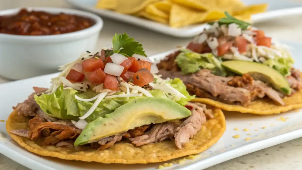 A colorful plate of Chicken Tostadas topped with shredded chicken, lettuce, diced tomatoes, cheese, and avocado.