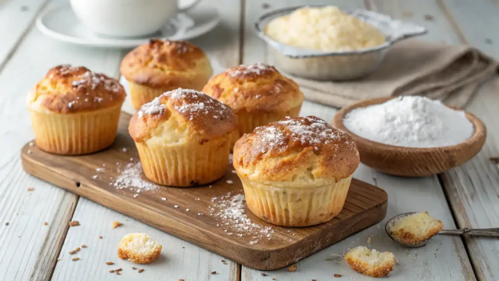Freshly baked cottage cheese muffins on a wooden table.