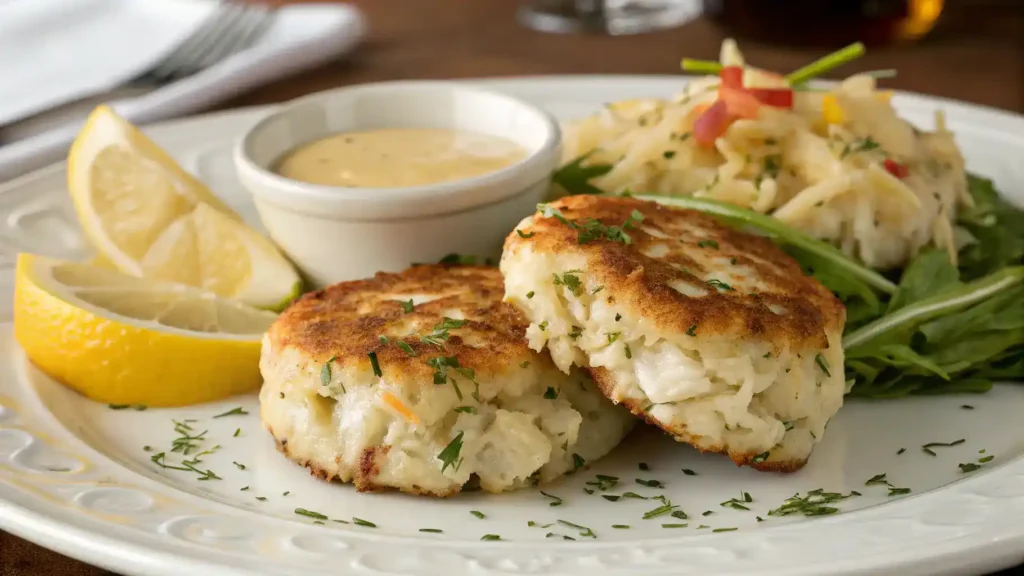 Deliciously plated JUMBO LUMP CRAB CAKES with lemon and sauce.
