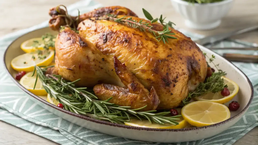 A beautifully cooked rotisserie chicken served on a platter.