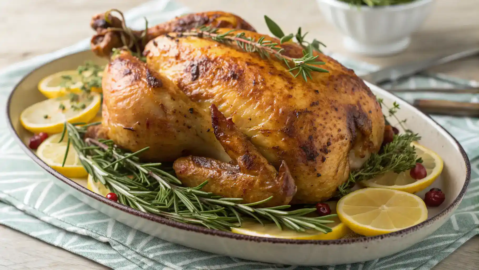 A beautifully cooked rotisserie chicken served on a platter.