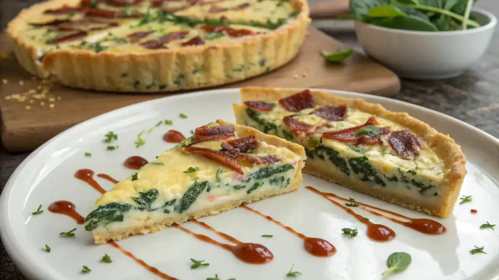 A freshly baked spinach and bacon quiche, golden brown and sliced, served on a white plate.