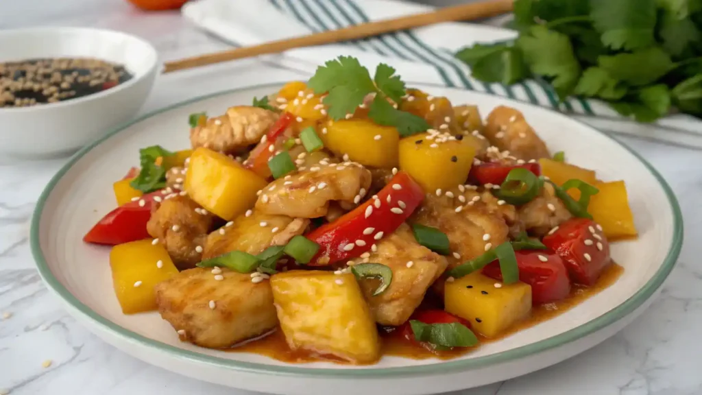 A plate of Sweet n Sour Pineapple Chicken garnished with green onions and sesame seeds.