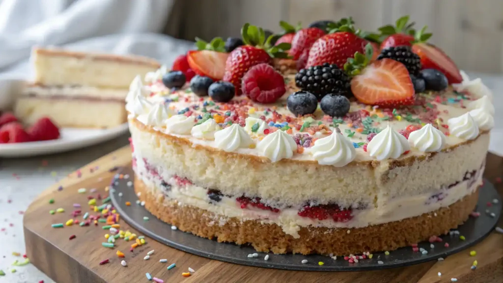 A beautifully decorated tres leches cake with whipped cream and fresh fruit.
