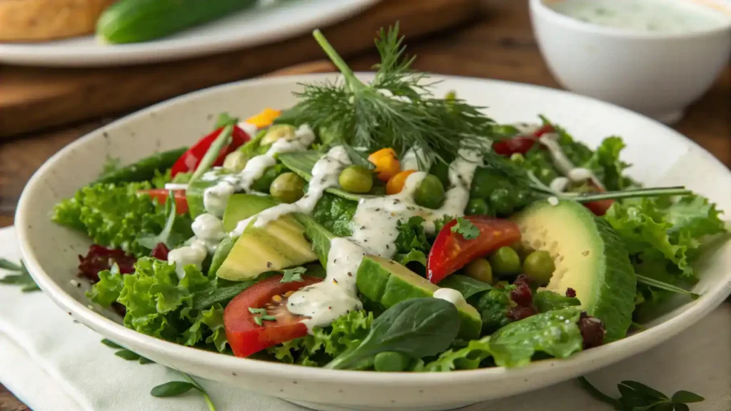 A beautifully plated Green Goddess Salad with vibrant greens and creamy dressing.
