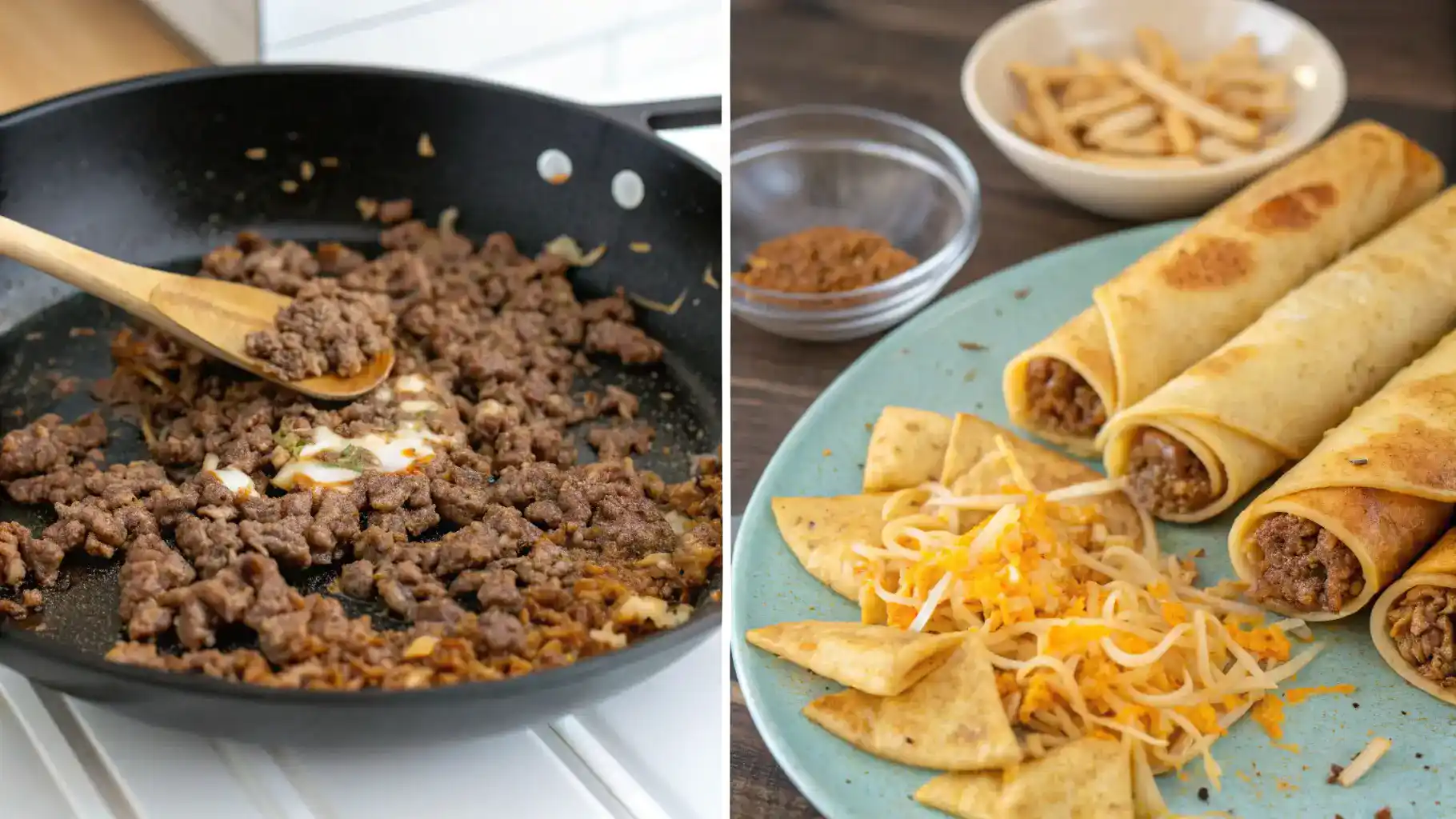 Step-by-step process of making Beef Taquitos, showcasing ingredients and cooking methods.