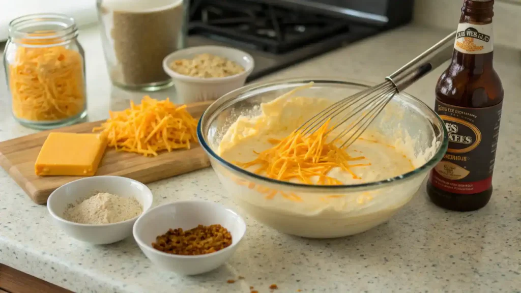 A step-by-step process of making beer cheese dip with ingredients displayed.
