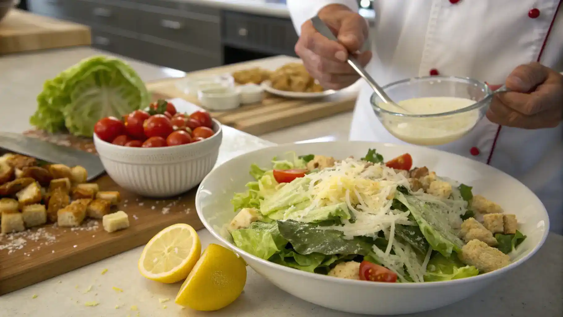 A step-by-step preparation of Caesar Pasta Salad, including cooking pasta and mixing dressing.