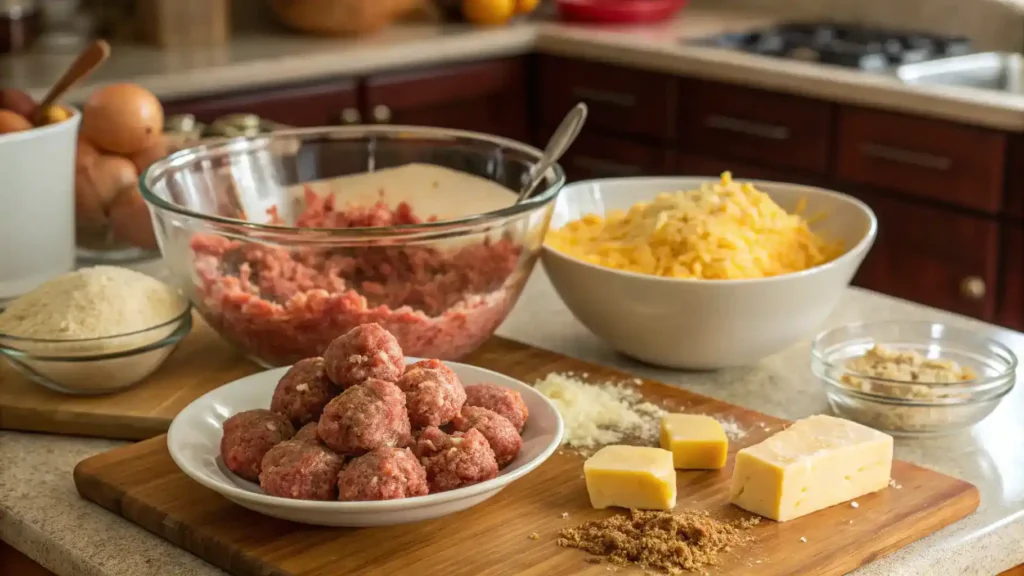 A step-by-step guide to making cheesy meatballs, showcasing ingredients and preparation steps.